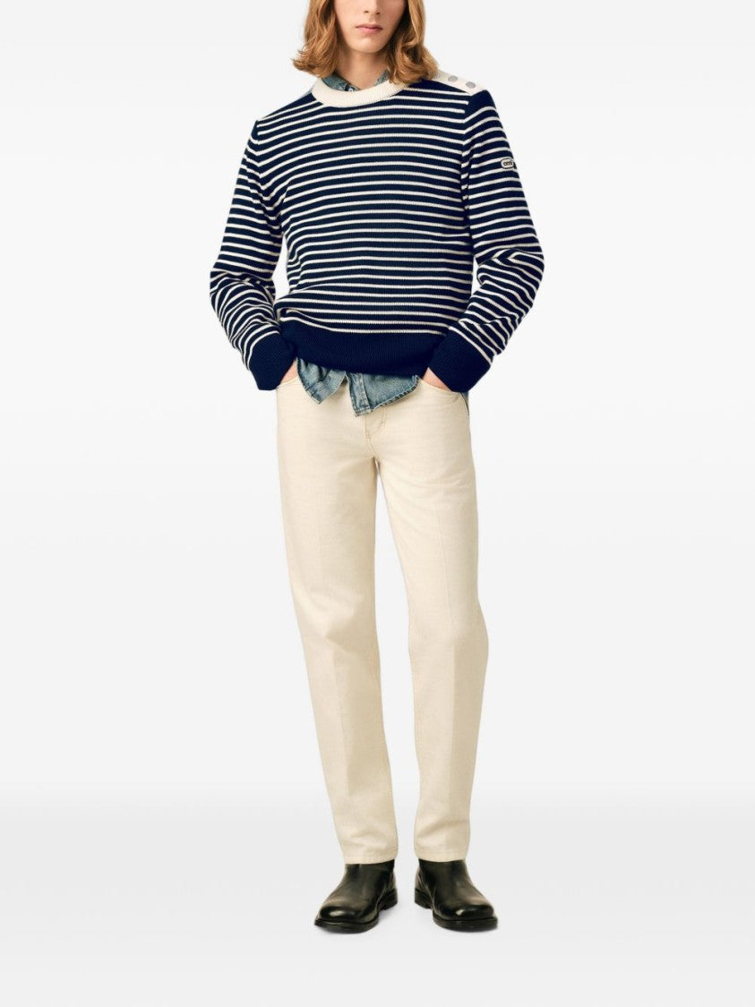 Ami Paris Navy And White Striped Sweater With Contrasting Cream Panel