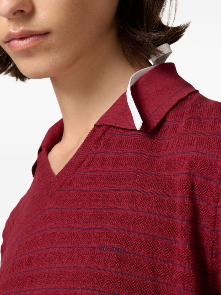 Miu Miu Textured V-Neck Long-Sleeved Ribbon Top