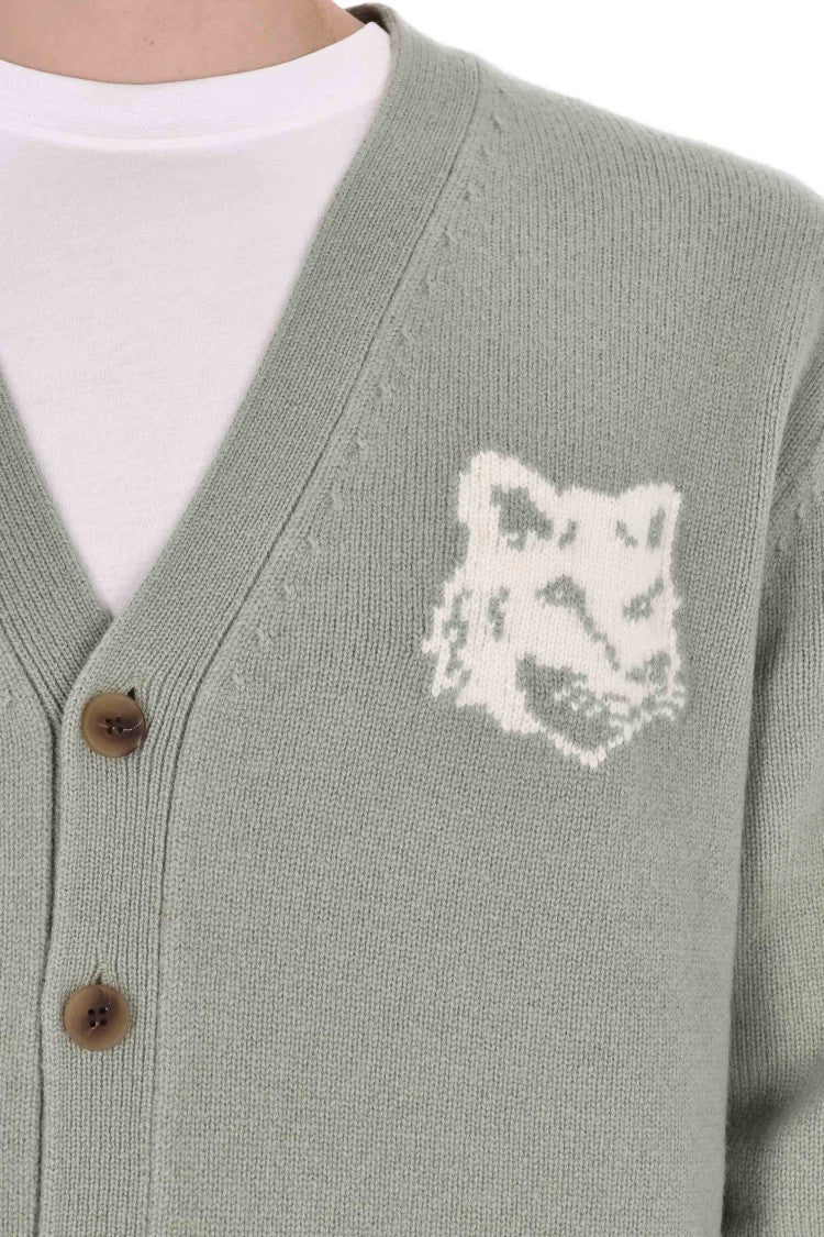 Maison Kitsuné Merino Wool Cardigan With Large Fox Embroidery