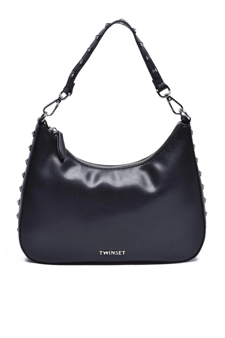 Twin-Set Curved Hobo Bag With Glossy Finish And Studded Strap