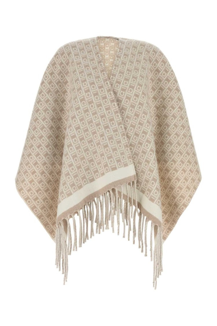 Salvatore Ferragamo Draped Wool Cape With Fringed Edges