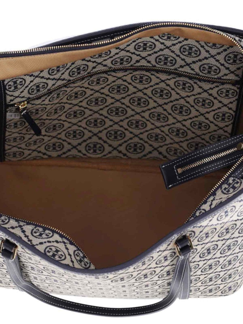 Tory Burch T Monogram Beige Blue Jacquard Large Tote Bag