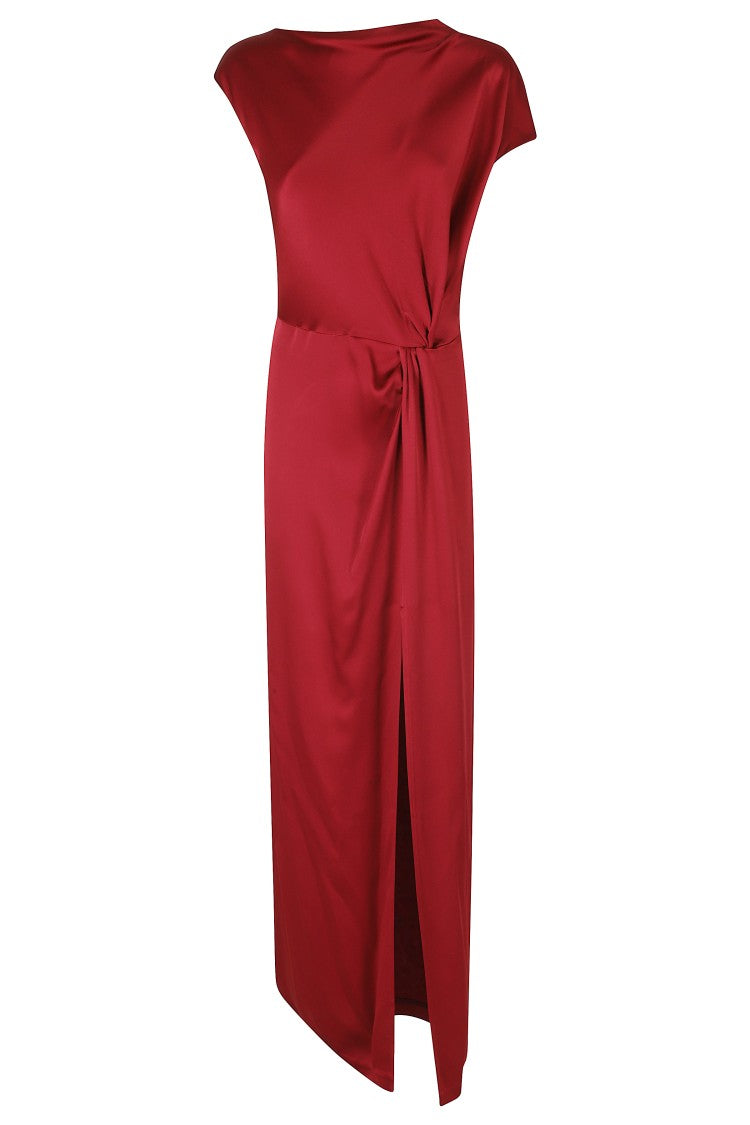 Federica Tosi Red Draped Back Slit Satin Maxi Dress