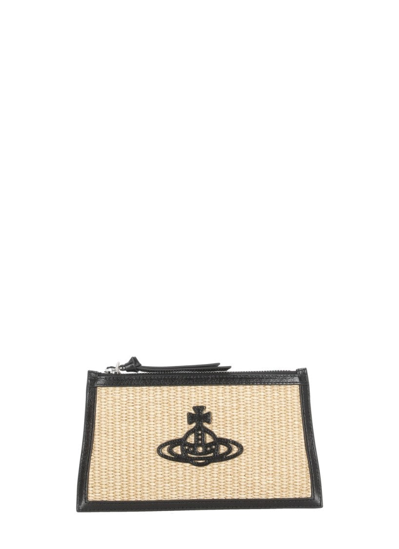 Vivienne Westwood Rectangular Raffia Pochette With Black Orb Logo