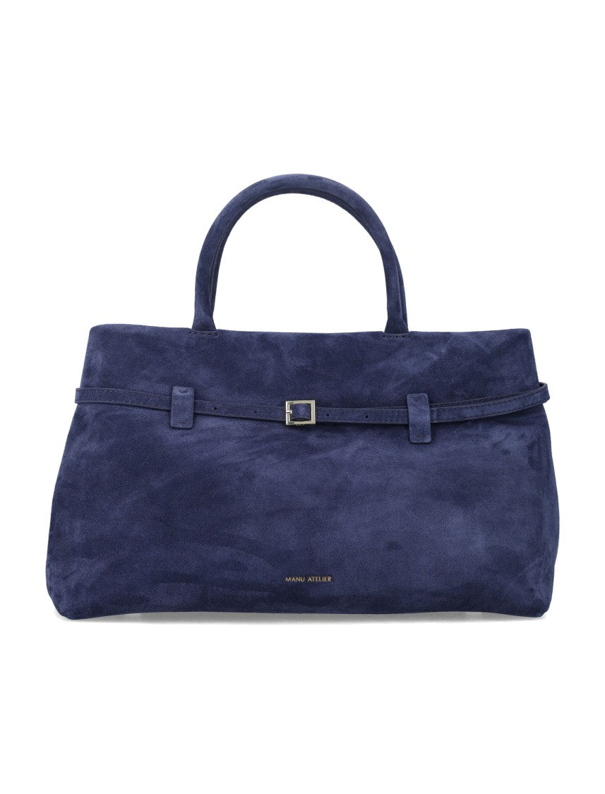 Manu Atelier Structured Blue Suede Handbag With Elegant Design And Functional Features