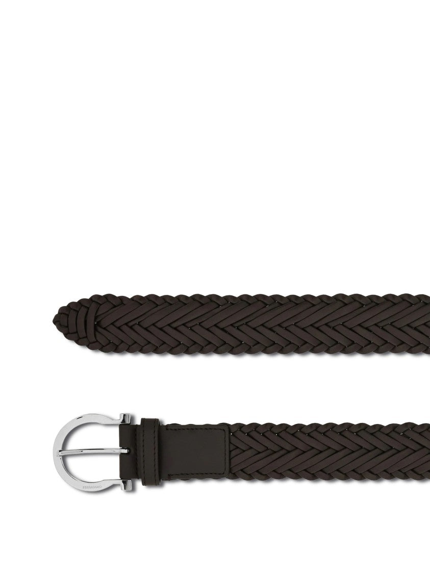Ferragamo Braided Leather Belt With Rounded Silver Buckle