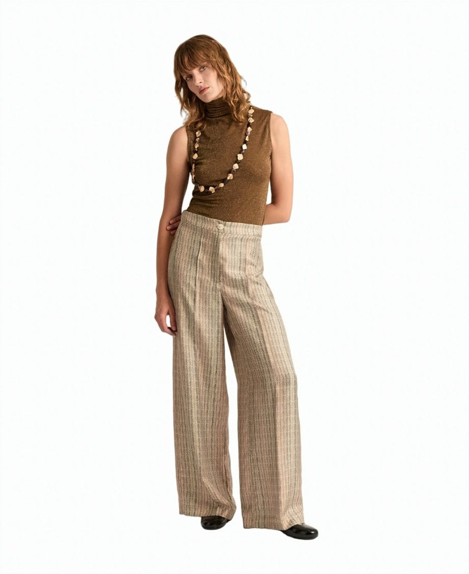 Momonì Printed Pure Silk Twill Mother-Of-Pearl Wide-Leg Trousers
