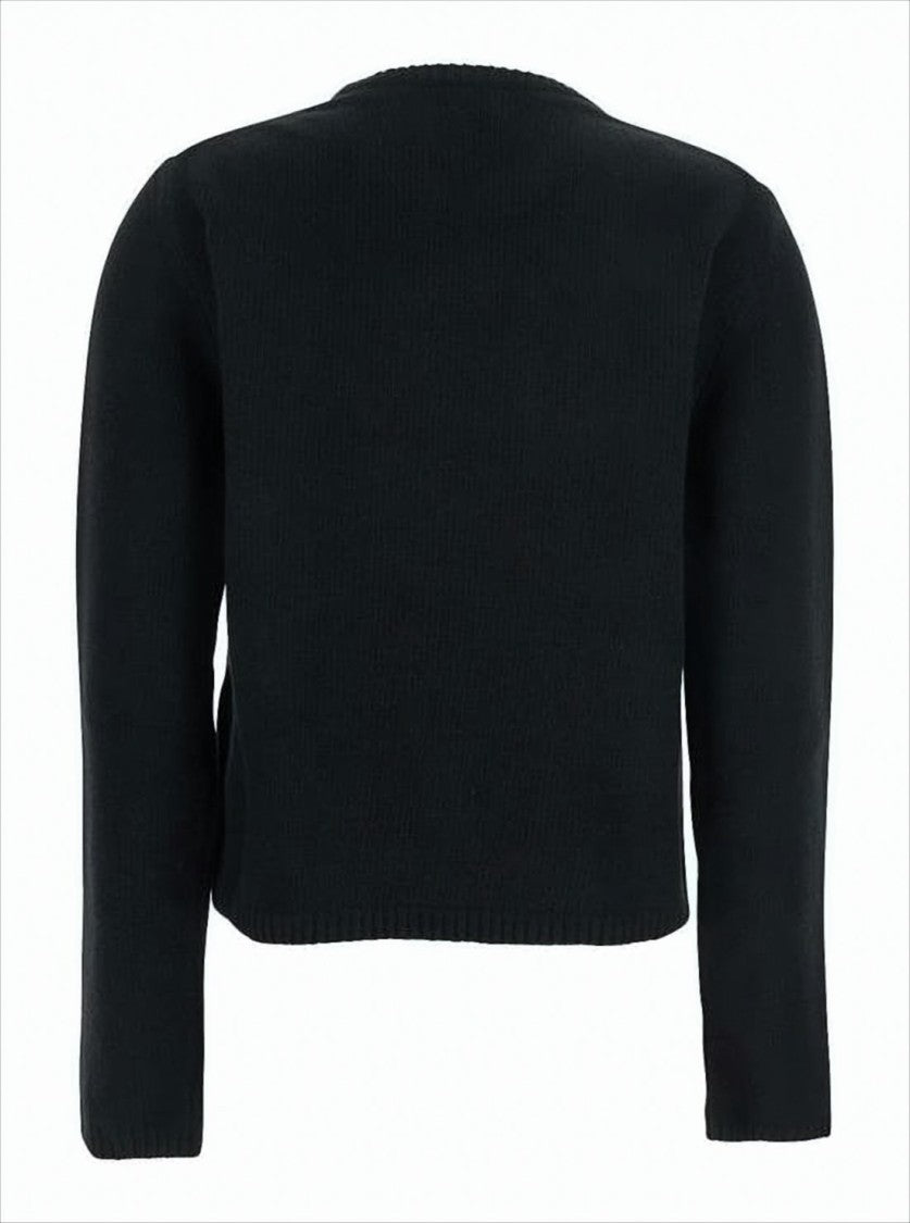 Moncler Cropped Black Knit Sweater With Textured Logo
