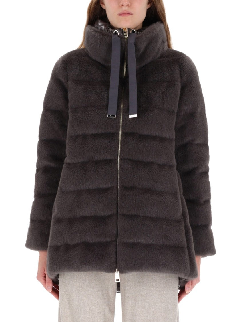 Herno Plush Quilted Coat With High Collar And Ribbon Pulls