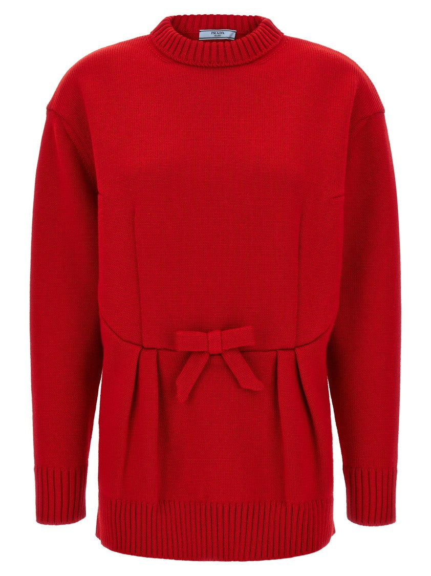 Prada Bow Detail Virgin Wool Sweater With Pleated Accents