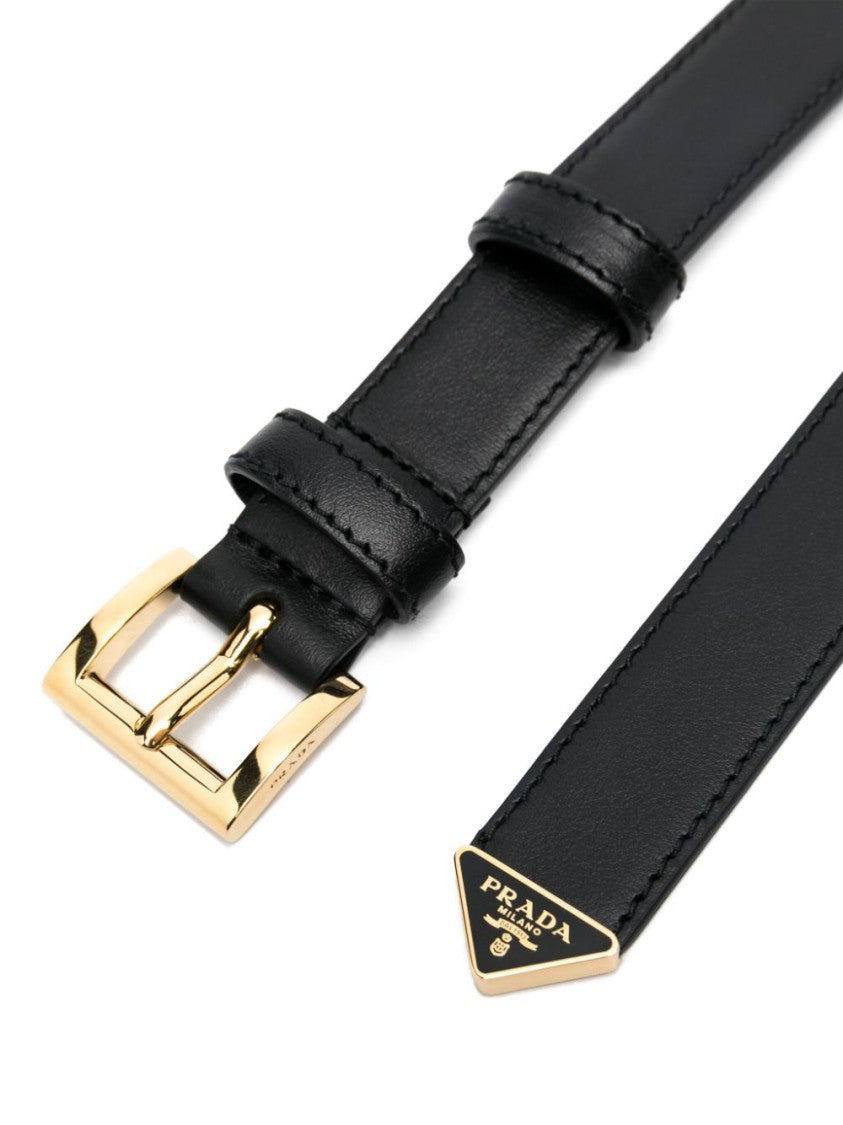 Prada Smooth Grain Black Leather Belt With Logo-Engraved Buckle