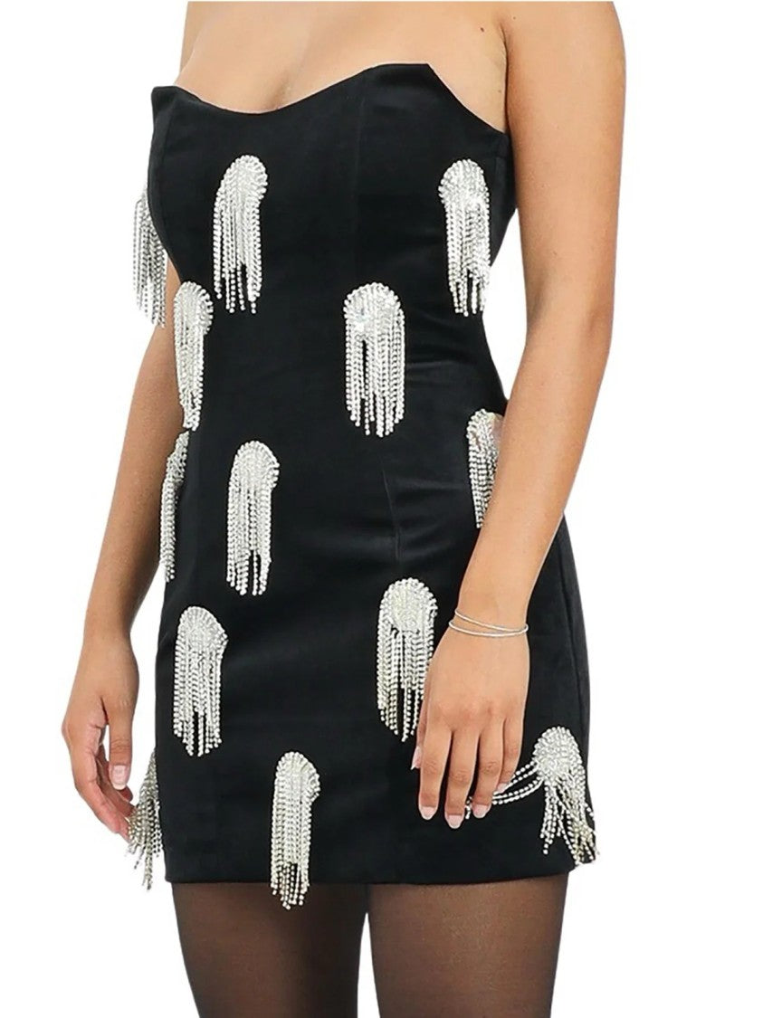 Odi Odi Black Velvet Mini Dress With Bustier Neckline And Crystal Fringe