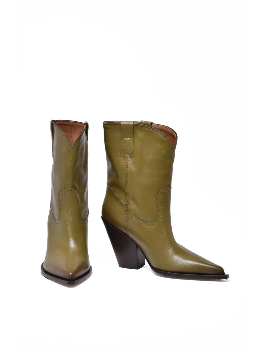 Elena Iachi Olive Green Leather Texan Ankle Boots