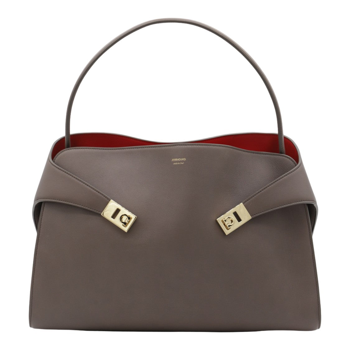 Ferragamo Structured Taupe Leather Shoulder Bag
