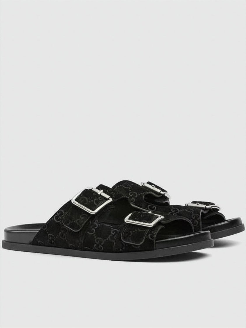 Gucci Monogram-Patterned Black Suede Sandals