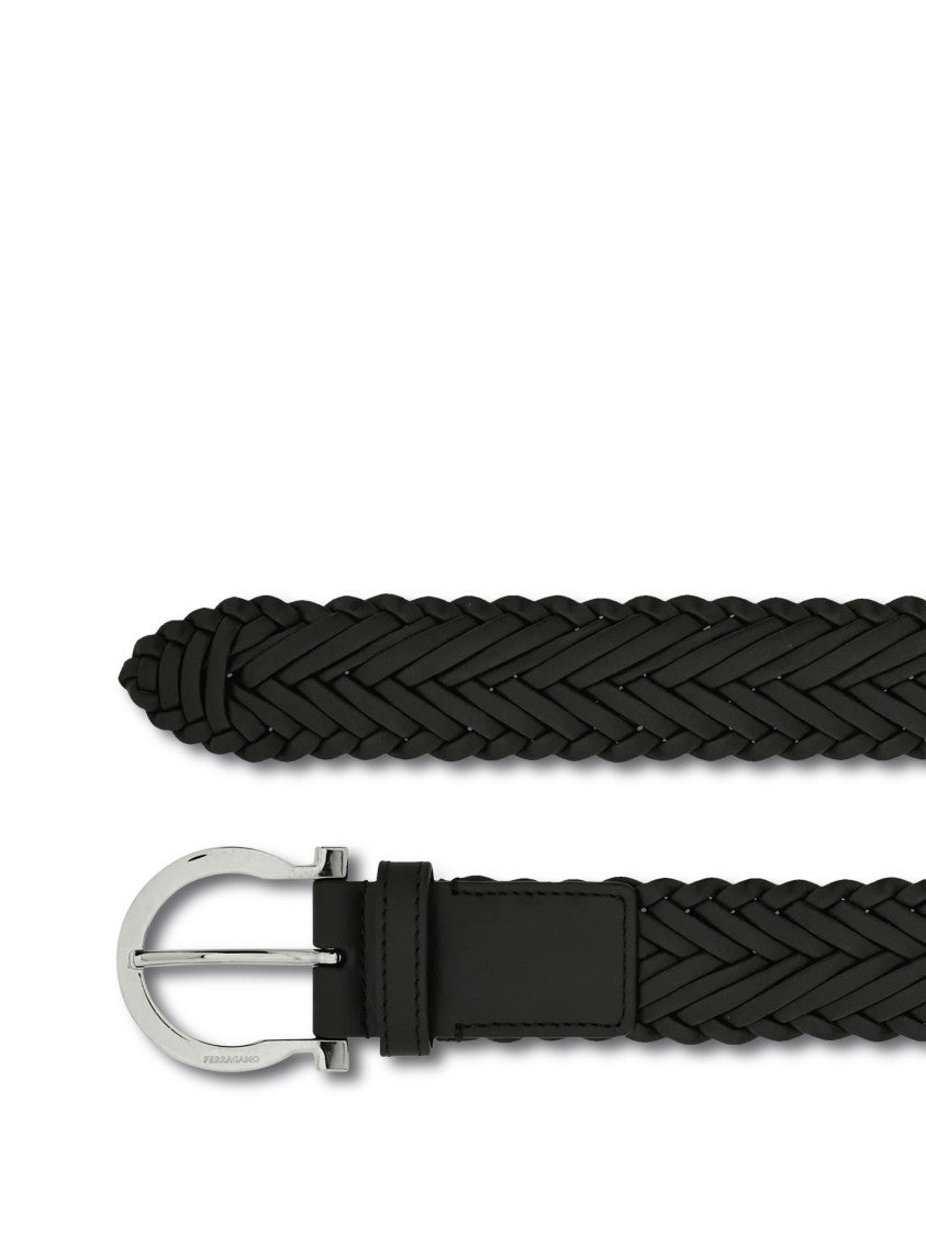 Ferragamo Braided Calfskin Leather Belt With Polished Silver-Tone Buckle