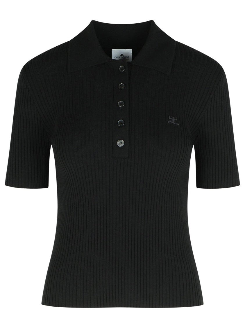 Courrèges Fitted Black Viscose Blend Polo Shirt