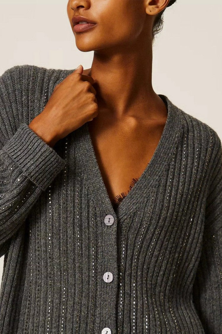 Twin-Set Grey Ribbed V-Neck Viscose-Blend Cardigan
