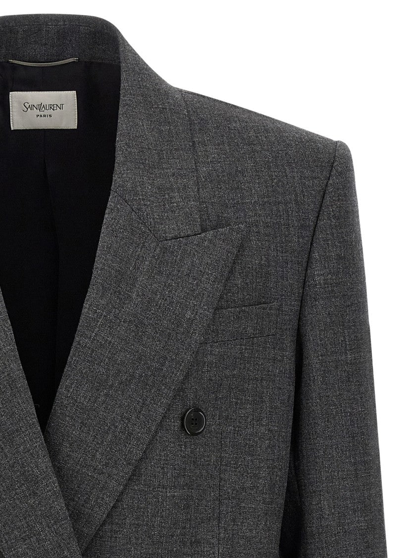 Saint Laurent Double-Breasted Mélange Wool Blazer
