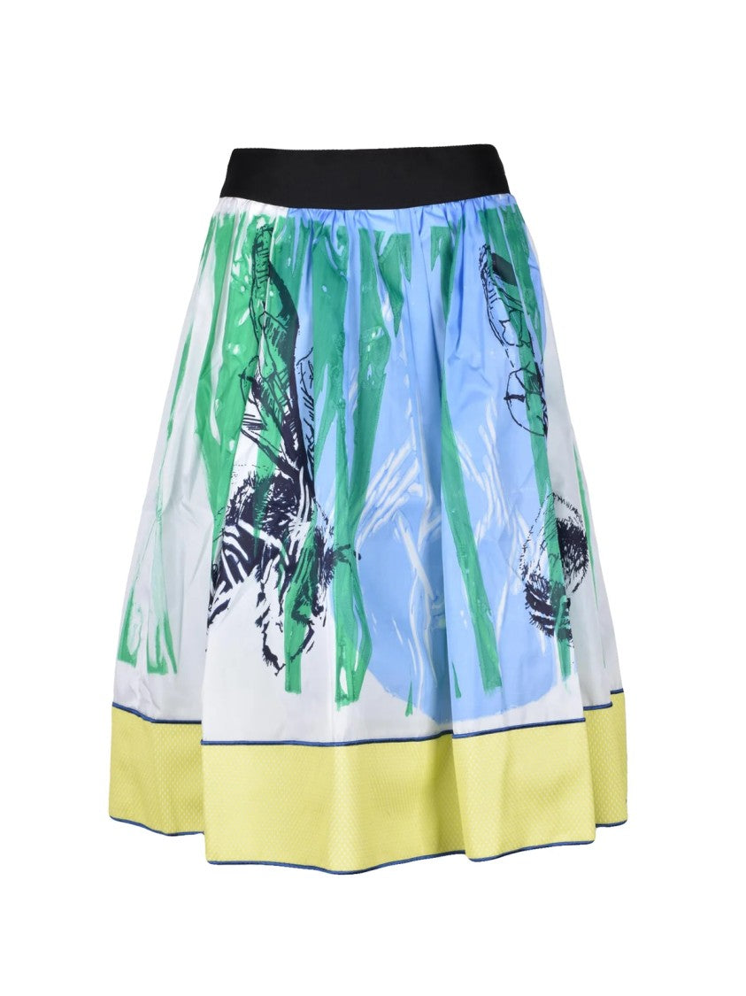 Sara Roka White/Green Elastic Waist Printed Midi Skirt