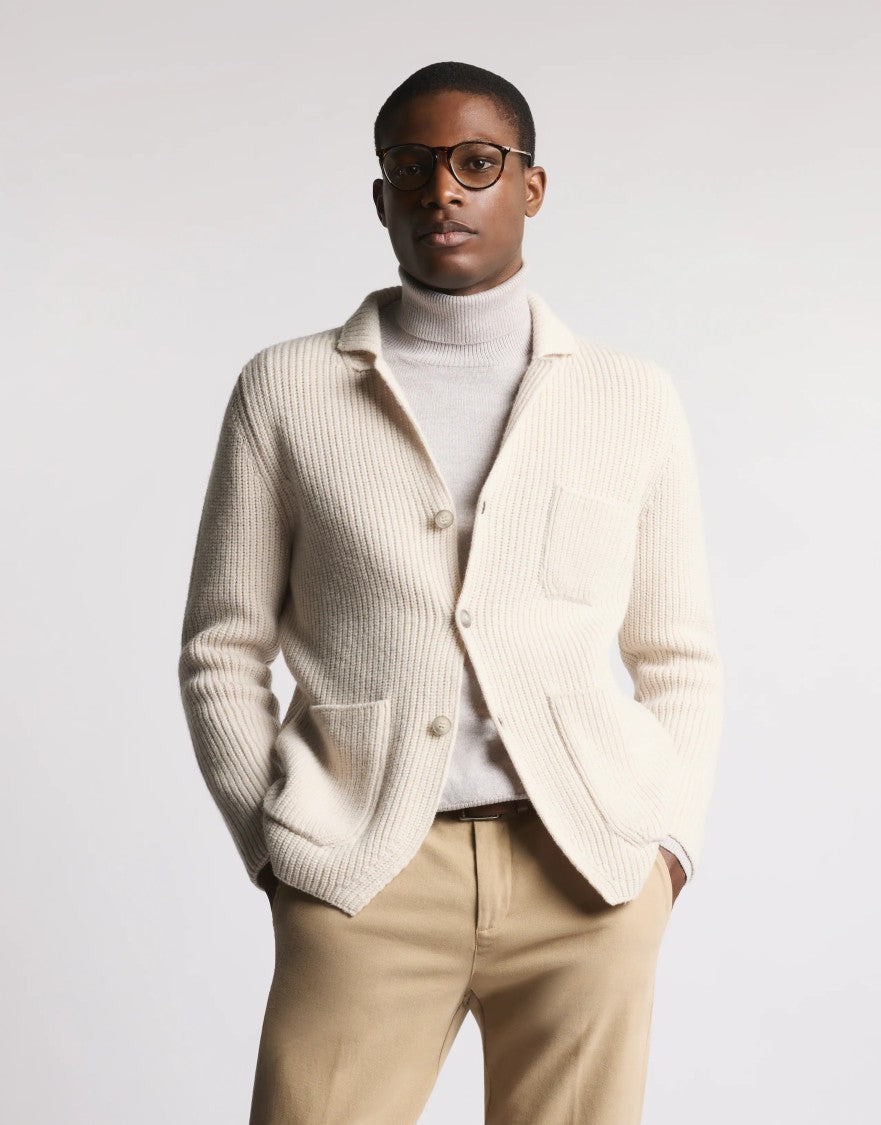 Fay Pearl Rib Knit F.7 Cardigan In White Wool