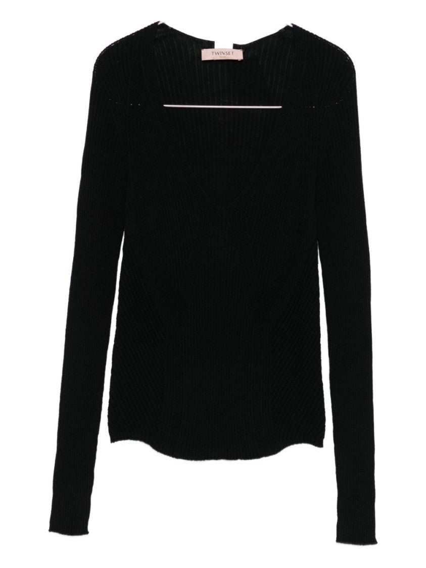 Twin-Set Fitted Black Ribbed Sweater With Deep V-Neckline