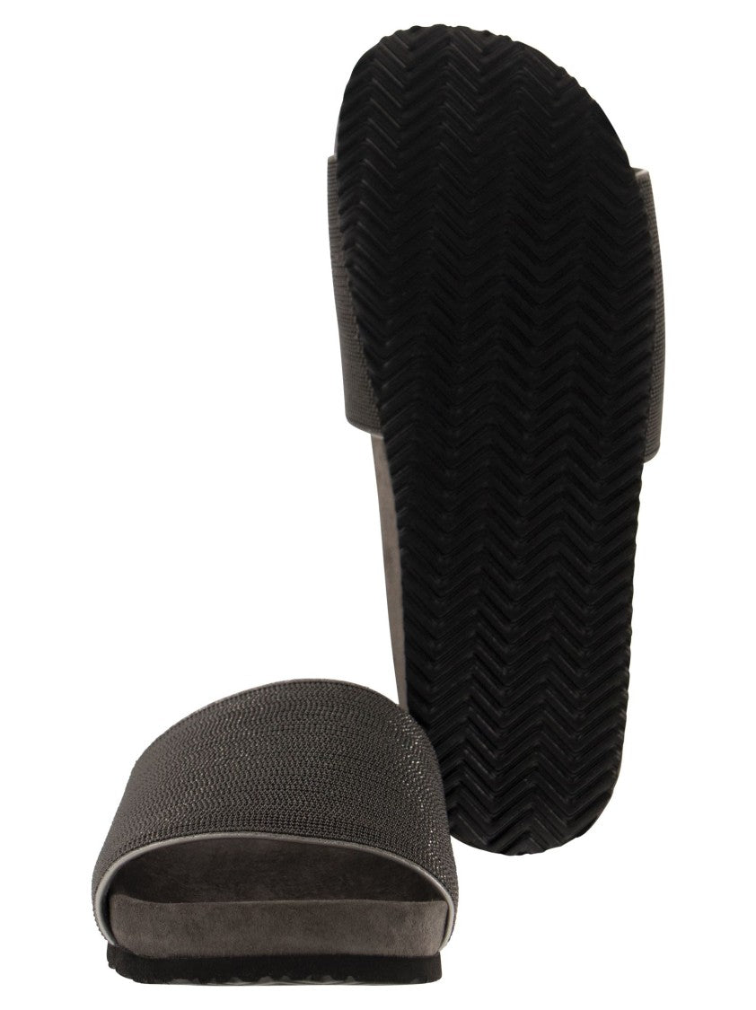Brunello Cucinelli Lignite Slides With Embroidered Monili Embellishment