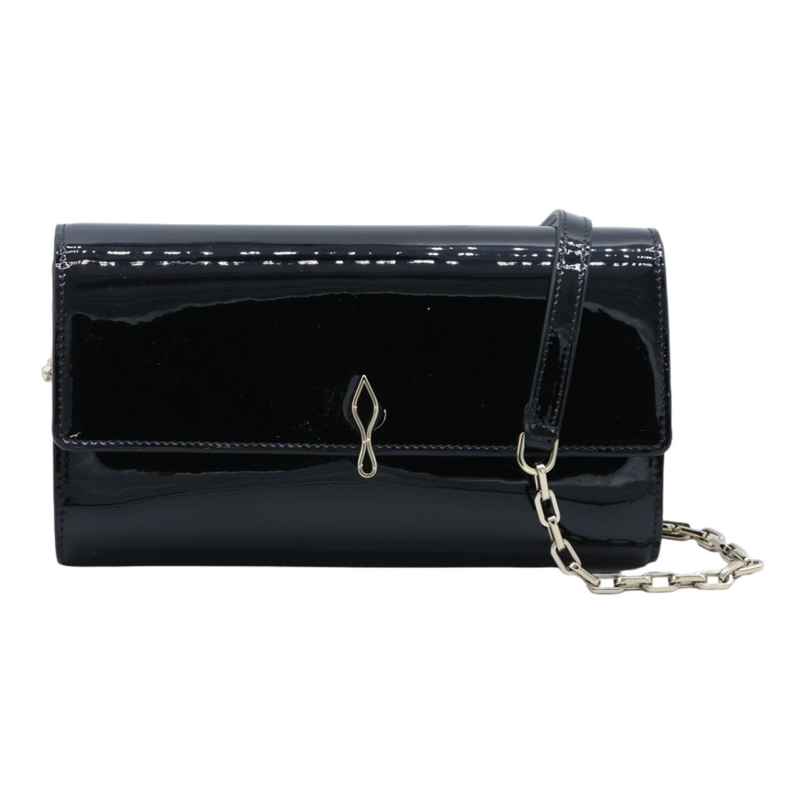 Christian Louboutin Glossy Black Wallet With Metallic Clasp And Chain Strap