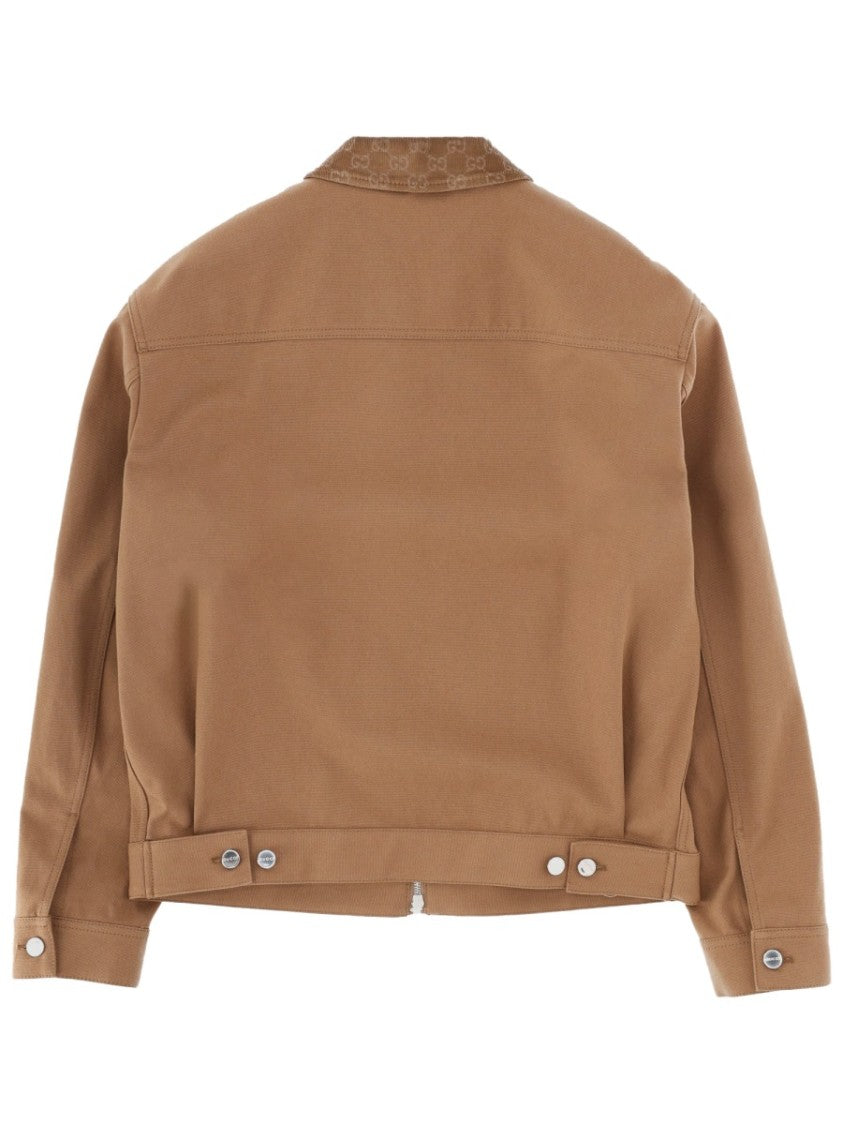 Gucci Brown Cotton Jacket With Zipper And Structured Collar