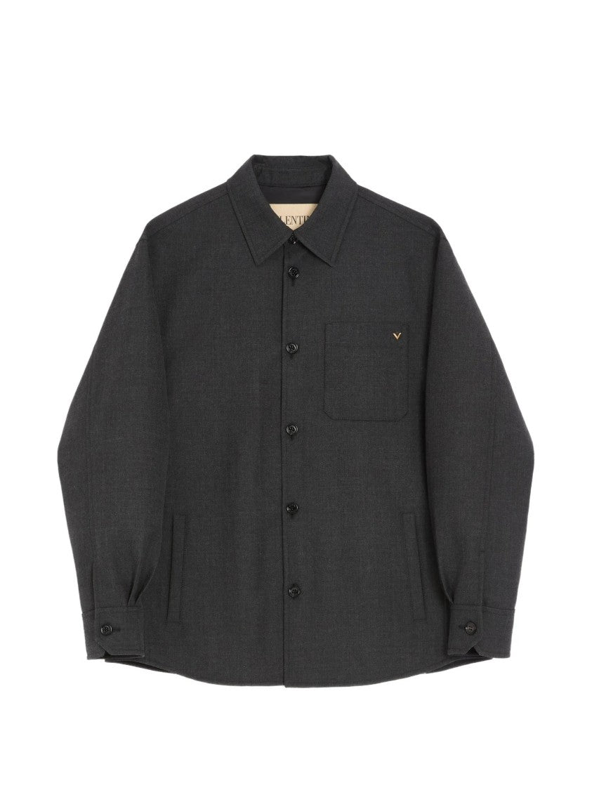 Valentino Boxy Grey Wool Jacket With Classic Collar And Metallic Detail