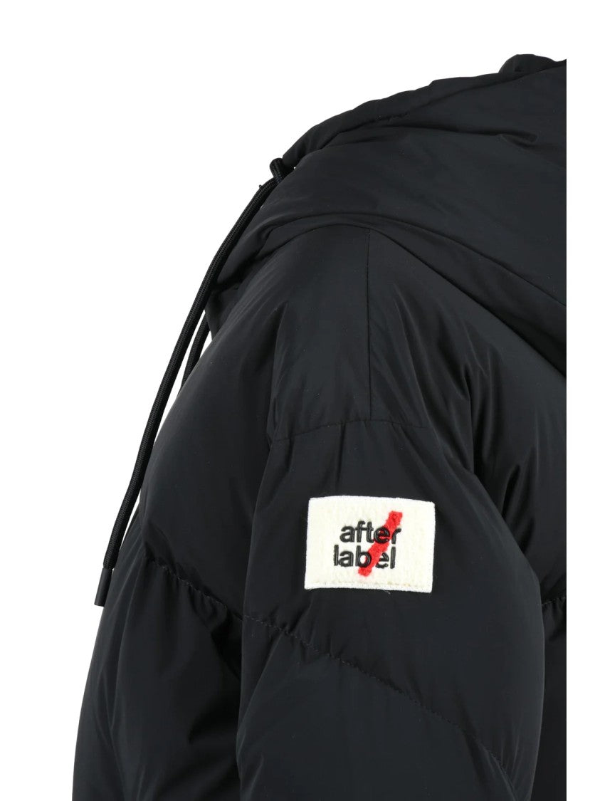 After Label Oversized Black Down Jacket With Adjustable Hood And Quilted Finish