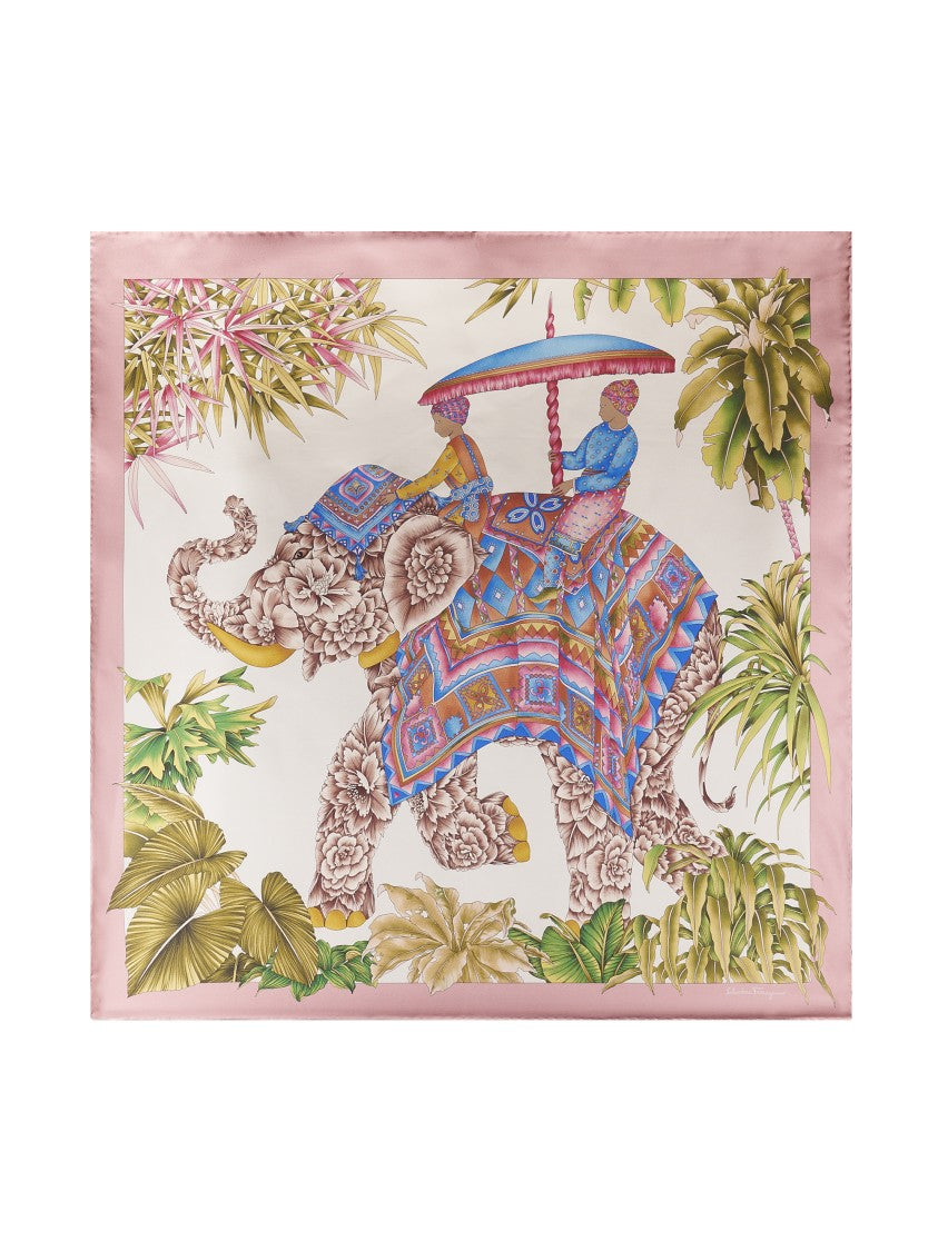Ferragamo Silk Scarf With Elephant And Tropical Motif