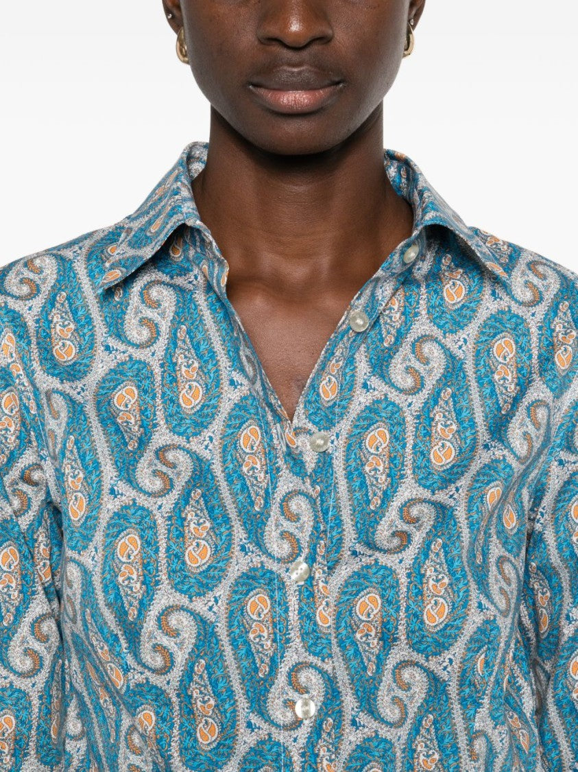 Etro Turquoise Paisley Print Long-Sleeve Shirt With Classic Collar