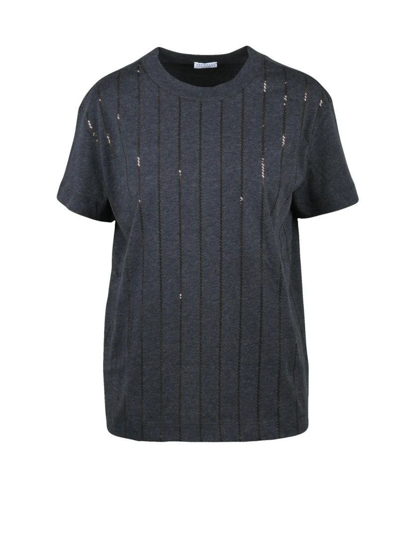 Brunello Cucinelli Dark Grey Cotton Sequin T-Shirt