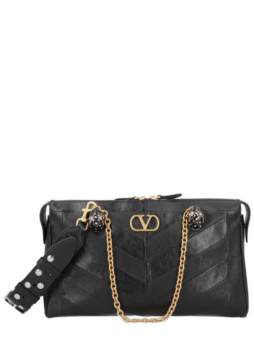 Valentino Garavani Black Chevron Pattern Leather Shoulder Bag