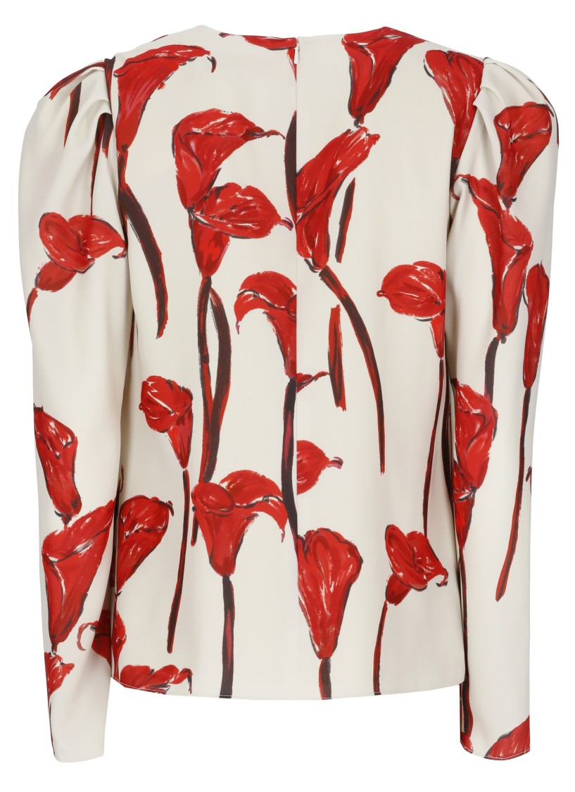Carolina Herrera Ivory Red Floral Print Puff Sleeve Blouse