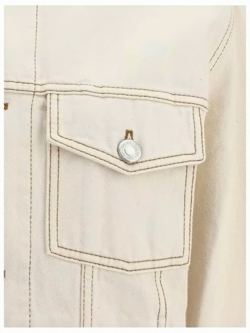 Ami Paris Cropped Denim Jacket With Flap Pockets And Embroidered Detail