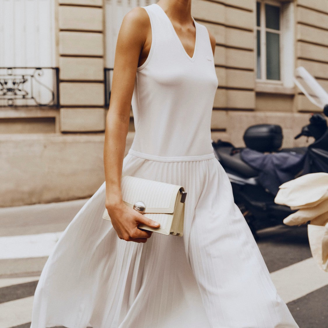 Lacoste White V-Neck Pleated Midi Dress