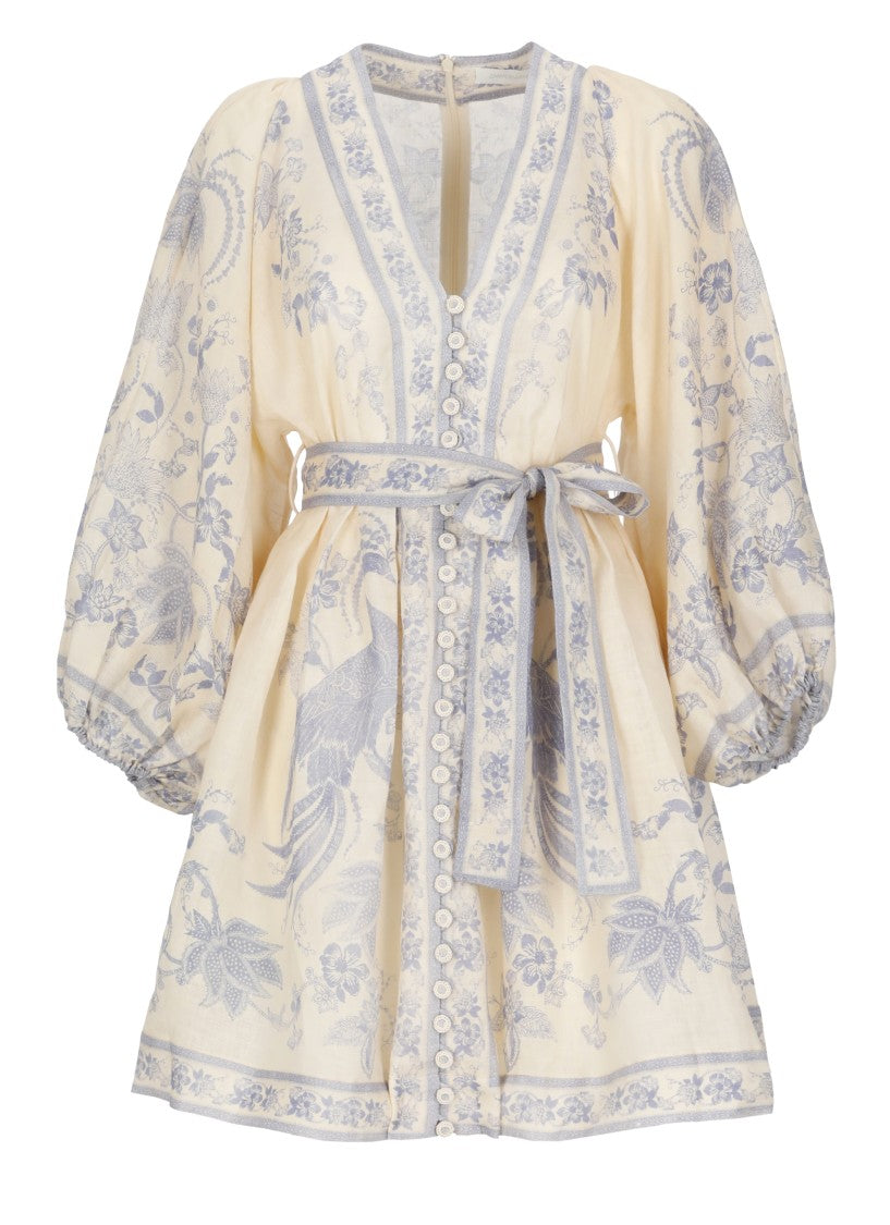 Zimmermann Floral Linen Midi Dress With V-Neckline And Puff Sleeves