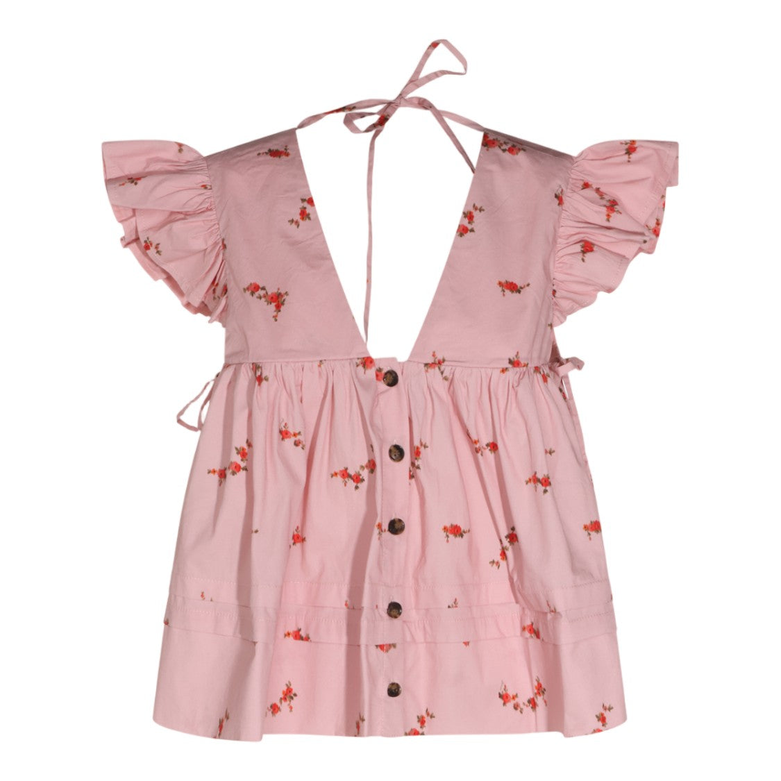 Ganni Short-Sleeved Floral Tie Top