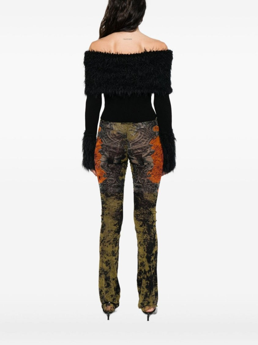 Jean Paul Gaultier Black Fur Trim Off-Shoulder Sweater