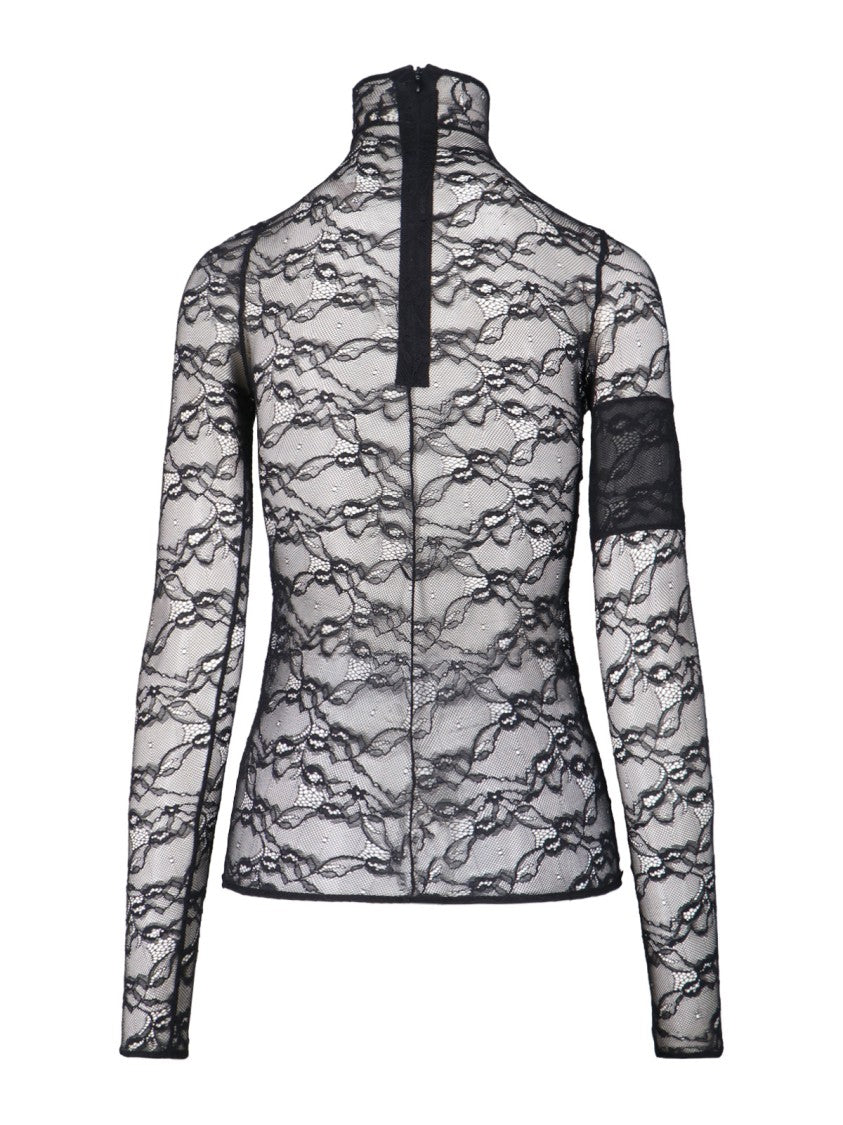 Courrèges Intricately Designed Sheer Lace Top With High Neckline