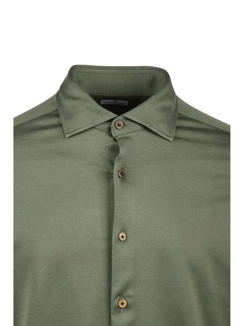 Sonrisa Fior Di Cotone Military Green Cotton Shirt With Classic Collar And Button-Down Front