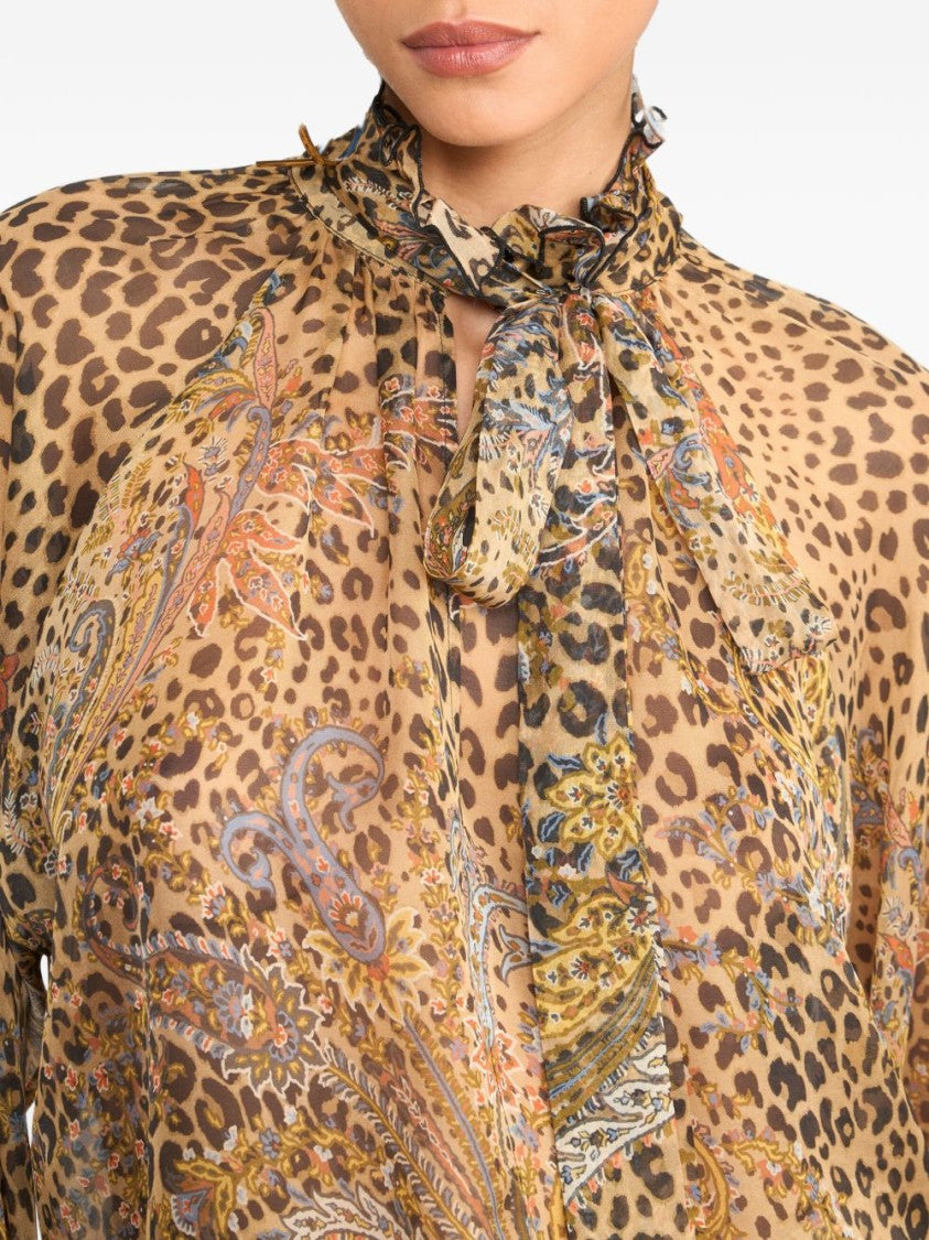 Etro Leopard Print Silk Blouse With Paisley Patterns