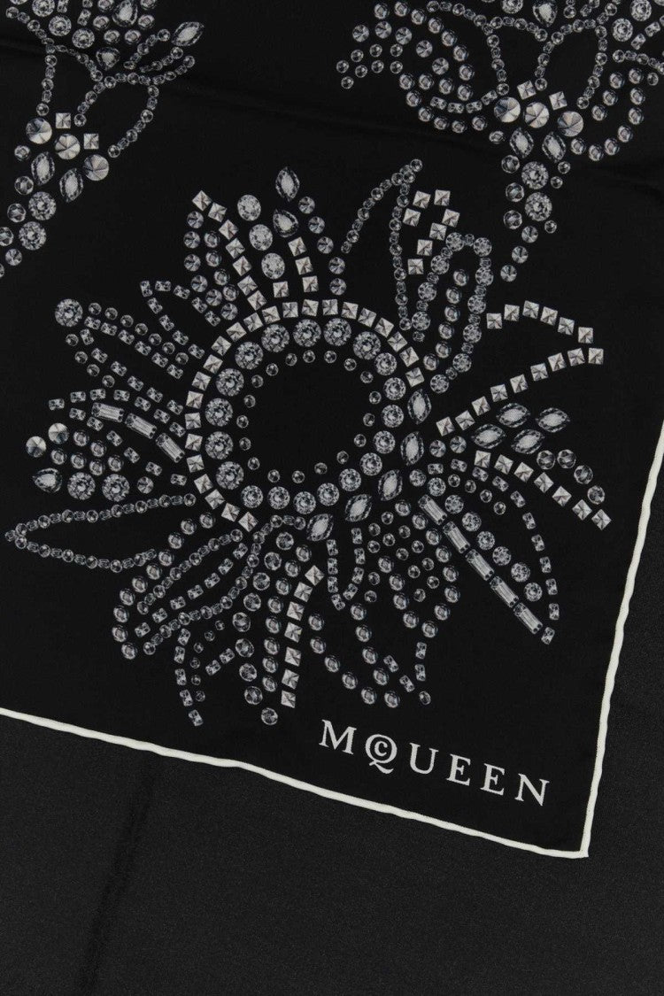 Alexander Mcqueen Square Silk Foulard With Intricate Silver Patterns