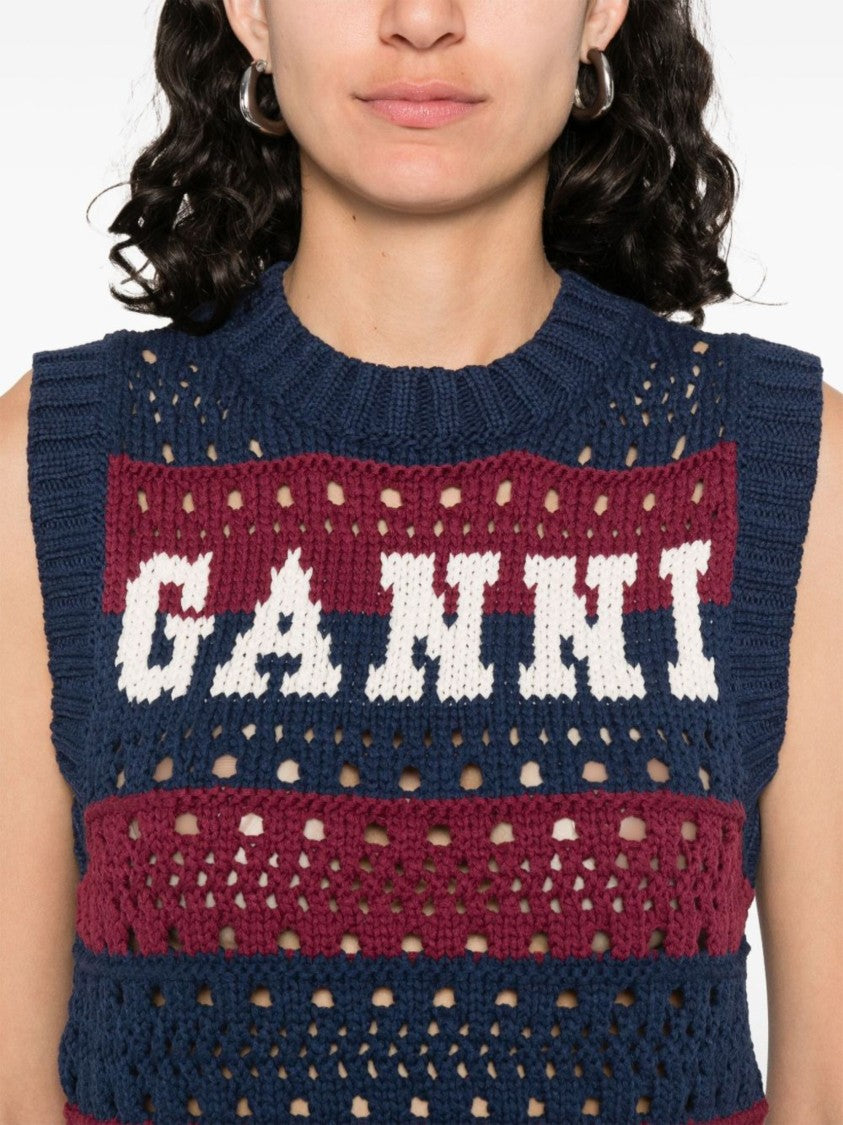 Ganni Striped Organic Cotton Knitted Vest With Intarsia Logo