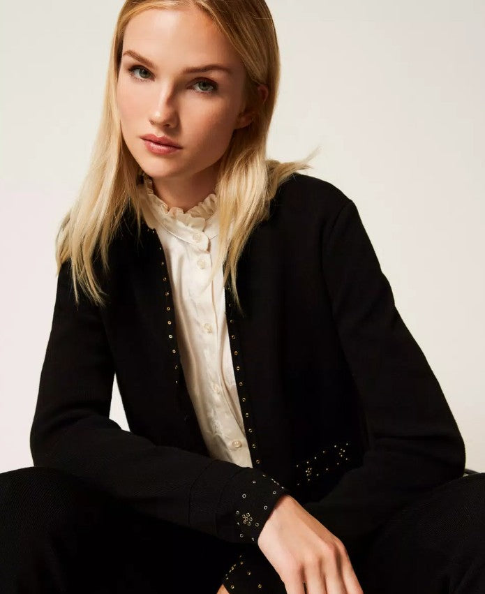 Twin-Set Black Rhinestone Studded Viscose-Blend Knit Cardigan