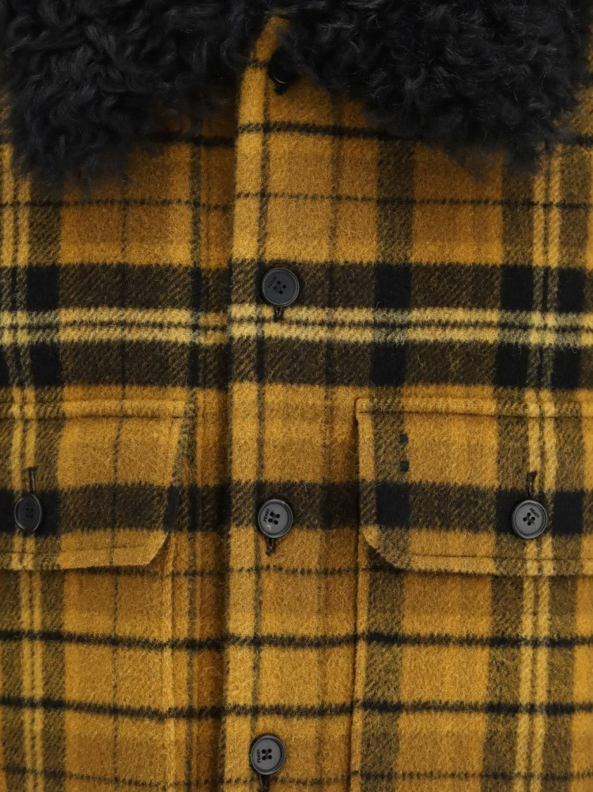 Fendi Yellow Black Plaid Shearling Collar Jacket