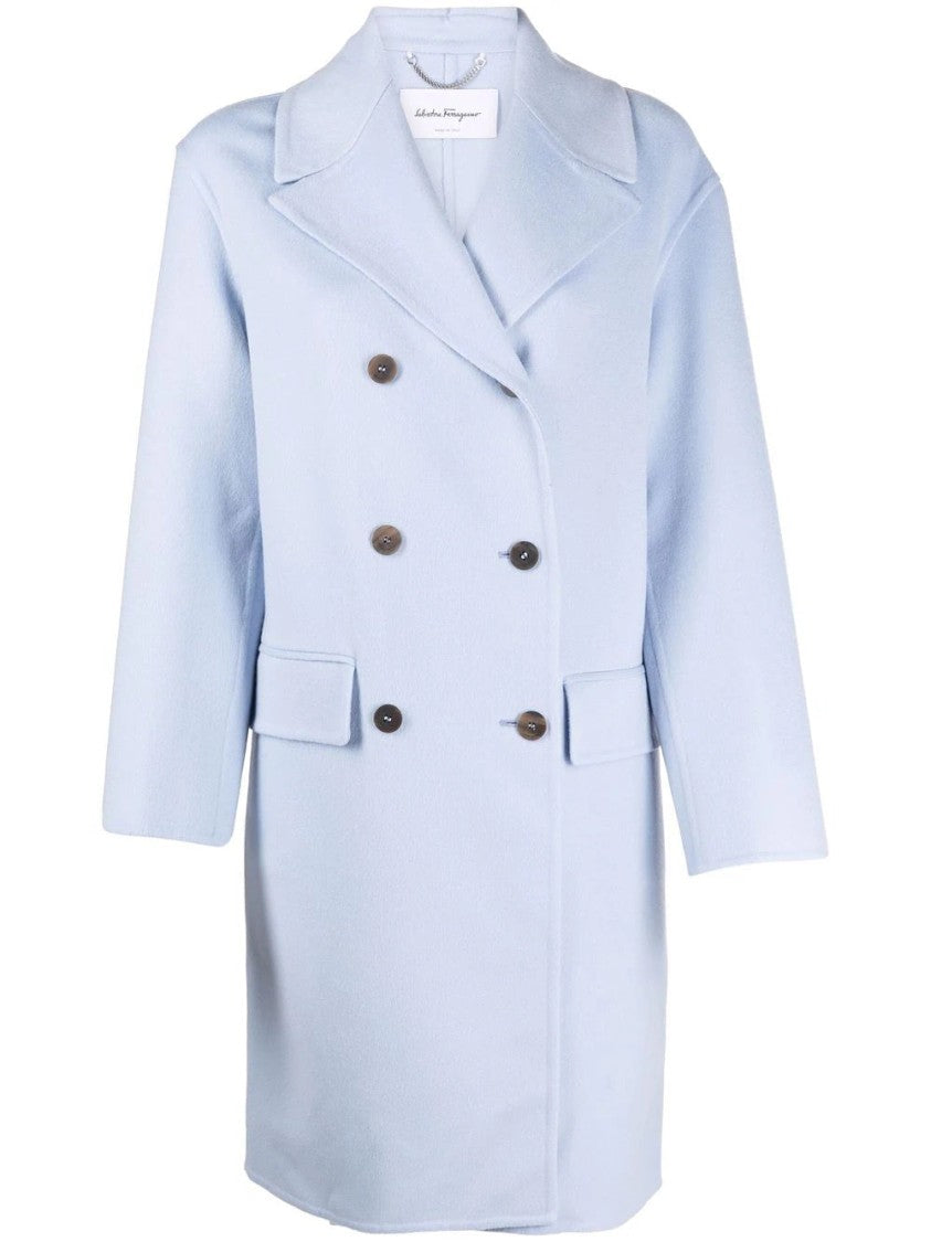 Salvatore Ferragamo Double-Breasted Long Coat With Wide Lapels And Flap Pockets