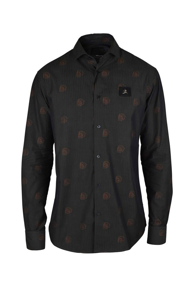 Philipp Plein Grey Cotton Striped Shirt With Skull Motif